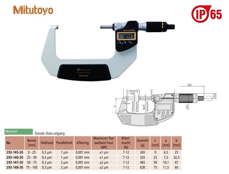Mitutoyo Digimatic buitenschroefmaat QuantuMike IP65 75-100mm, aflezing 0,001mm, Metrisch