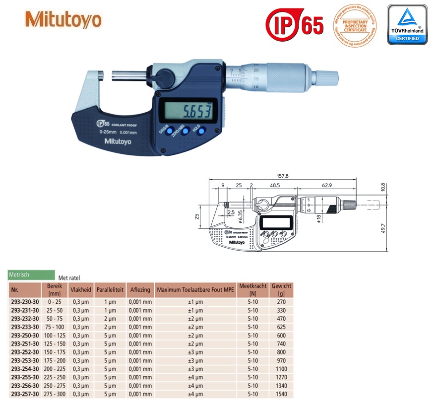 Mitutoyo Digimatic buitenschroefmaat IP65 met ratel, output 0-25mm, aflezing 0,001mm, Metrisch