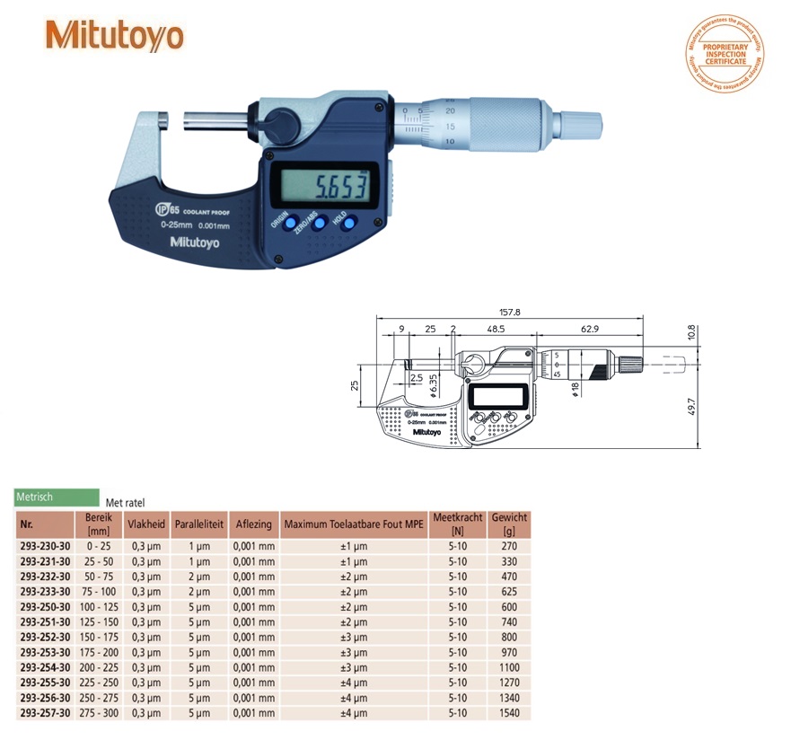 Mitutoyo Digimatic buitenschroefmaat IP65 met ratel 0-25mm, aflezing 0,001mm, Metrisch