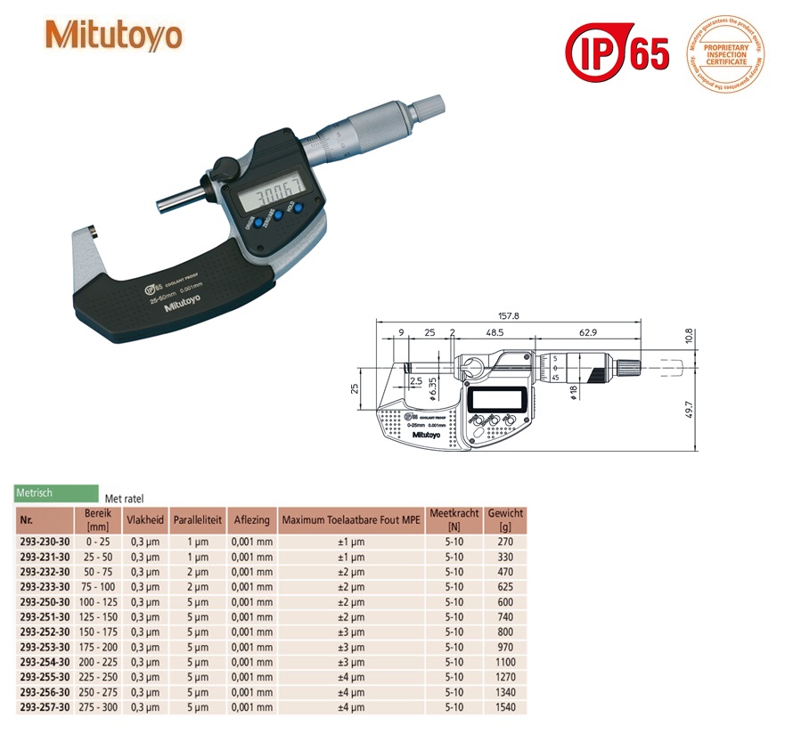 Mitutoyo Digimatic buitenschroefmaat IP65 met ratel, output 25-50mm, aflezing 0,001mm, Metrisch