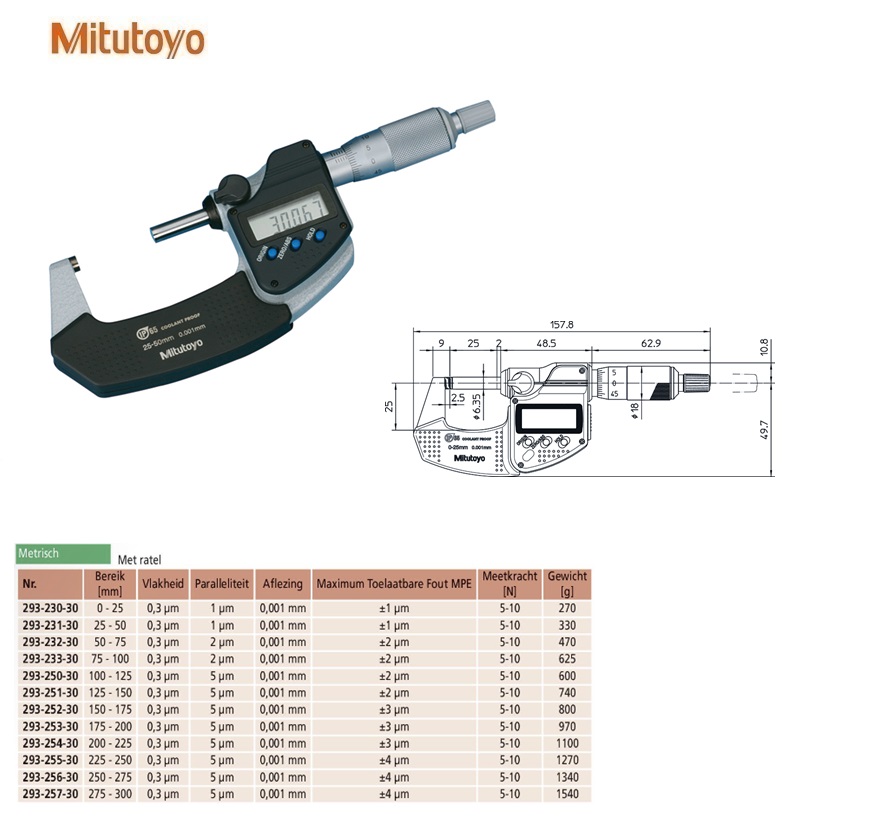 Mitutoyo Digimatic buitenschroefmaat IP65 met ratel 25-50mm, aflezing 0,001mm, Metrisch