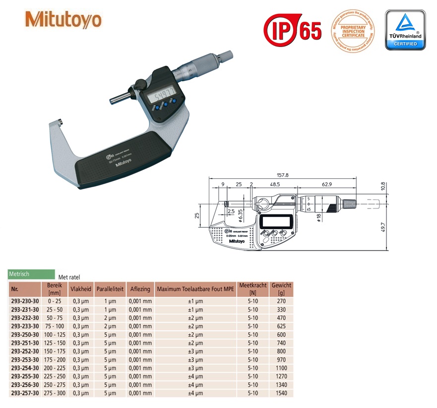 Mitutoyo Digimatic buitenschroefmaat IP65 met ratel, output 50-75mm, aflezing 0,001mm, Metrisch