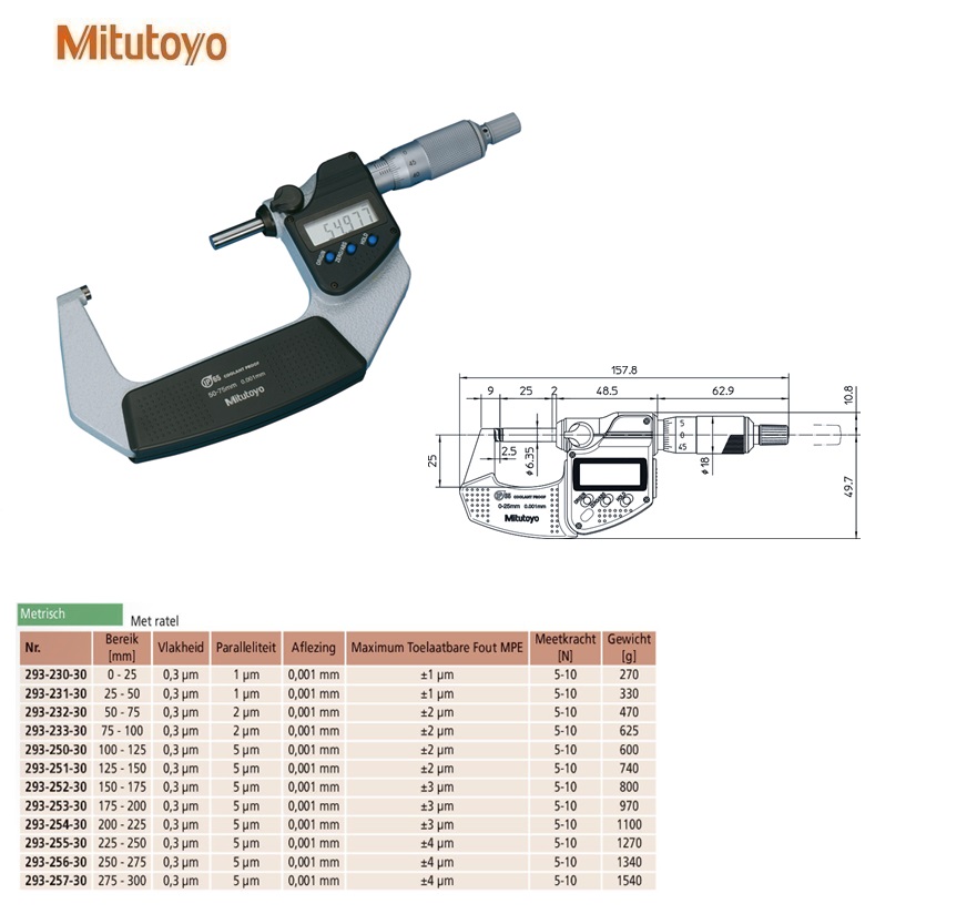 Mitutoyo Digimatic buitenschroefmaat IP65 met ratel 50-75mm, aflezing 0,001mm, Metrisch