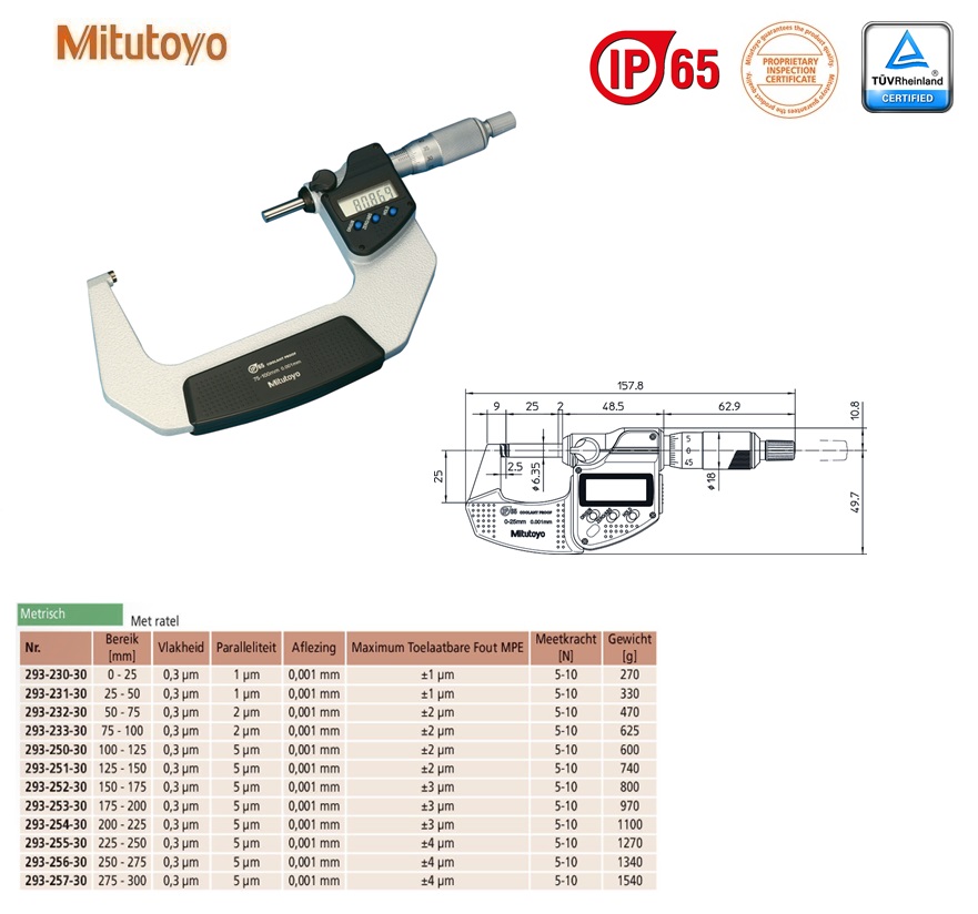 Mitutoyo Digimatic buitenschroefmaat IP65 met ratel, output 75-100mm, aflezing 0,001mm, Metrisch