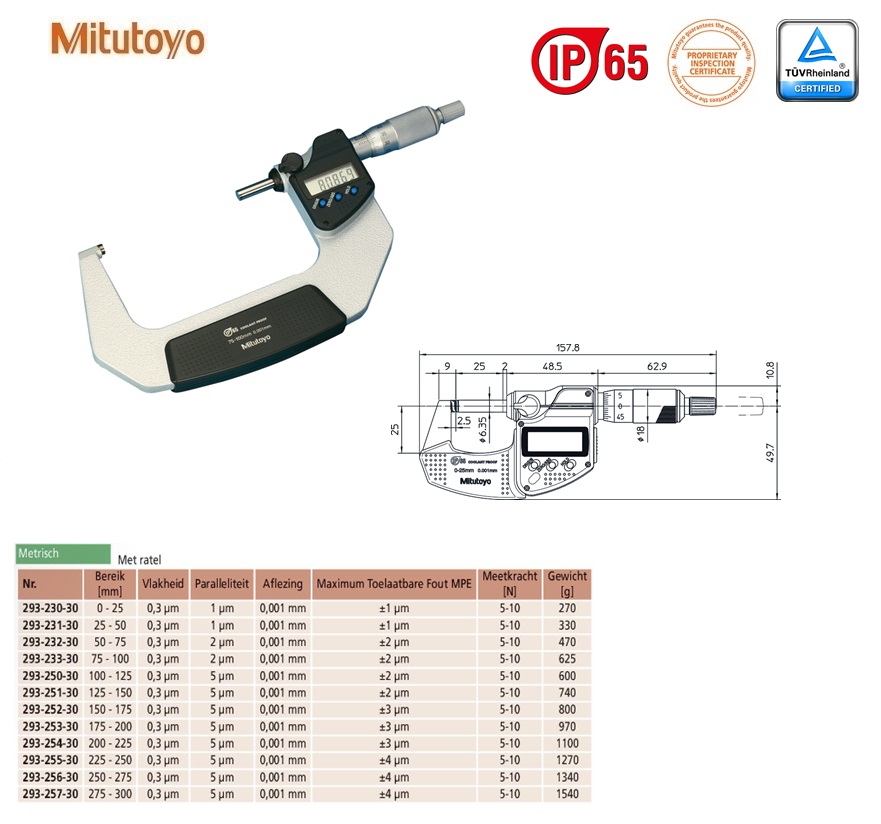 Mitutoyo Digimatic buitenschroefmaat IP65 met ratel, output 75-100mm, aflezing 0,001mm, Metrisch