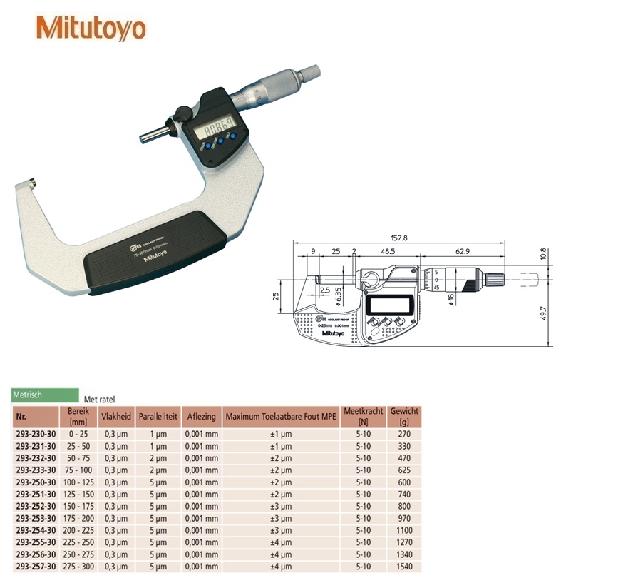 Mitutoyo Digimatic buitenschroefmaat IP65 met ratel 75-100mm, aflezing 0,001mm, Metrisch