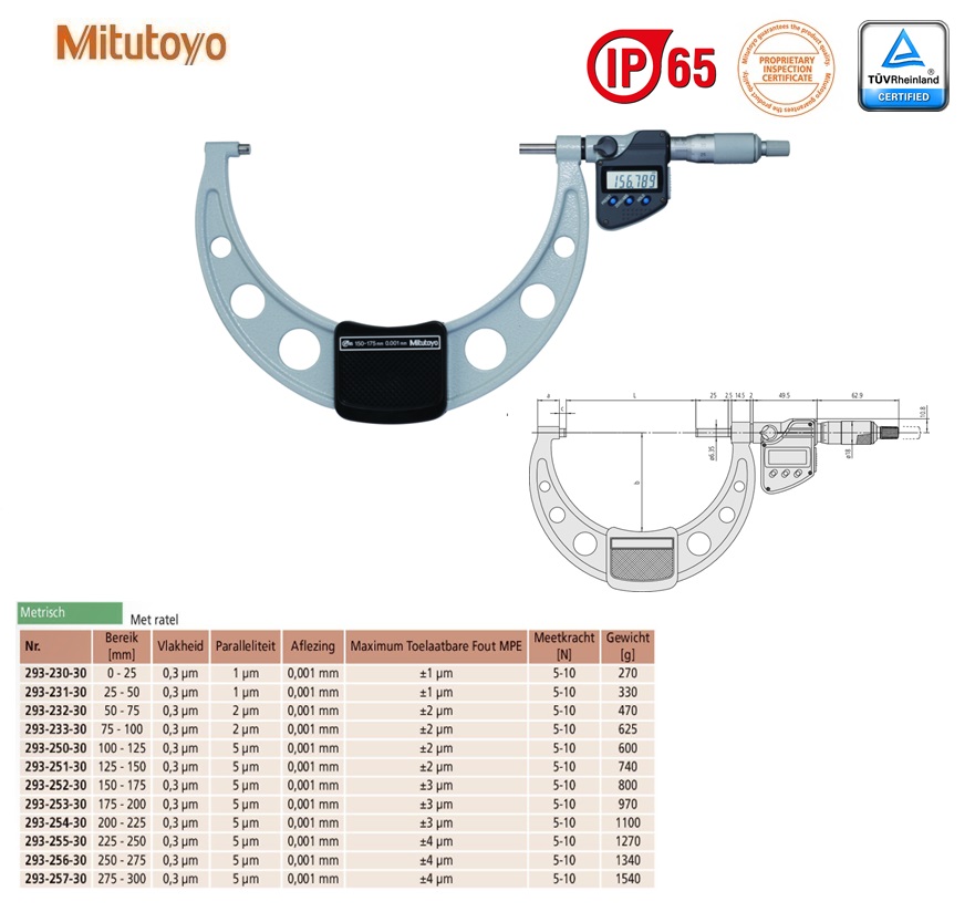 Mitutoyo Digimatic buitenschroefmaat IP65 met ratel, output 100-125mm, aflezing 0,001mm, Metrisch