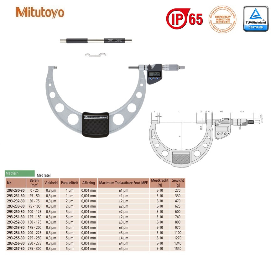 Mitutoyo Digimatic buitenschroefmaat IP65 met ratel, output 200-225mm, aflezing 0,001mm, Metrisch