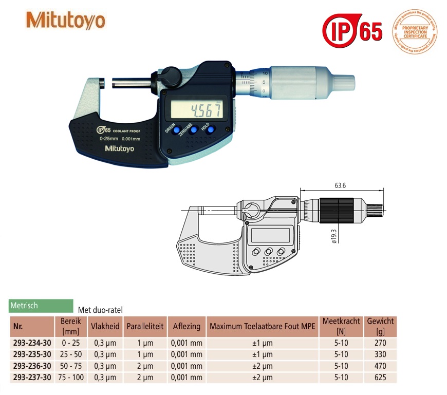 Mitutoyo Digimatic buitenschroefmaat IP65 met duo-ratel, output 0-25mm, aflezing 0,001mm, Metrisch