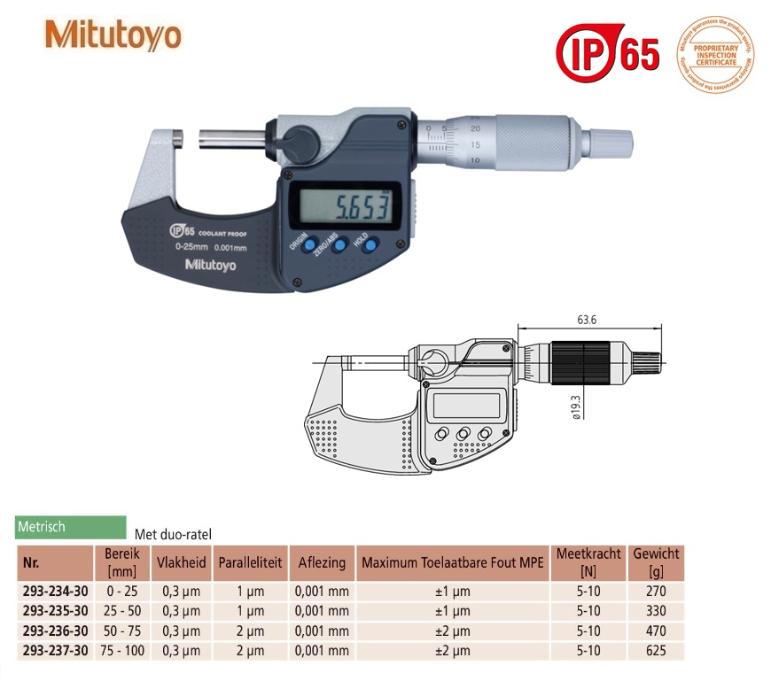 Mitutoyo Digimatic buitenschroefmaat IP65 met duo-ratel, output 25-50mm, aflezing 0,001mm, Metrisch
