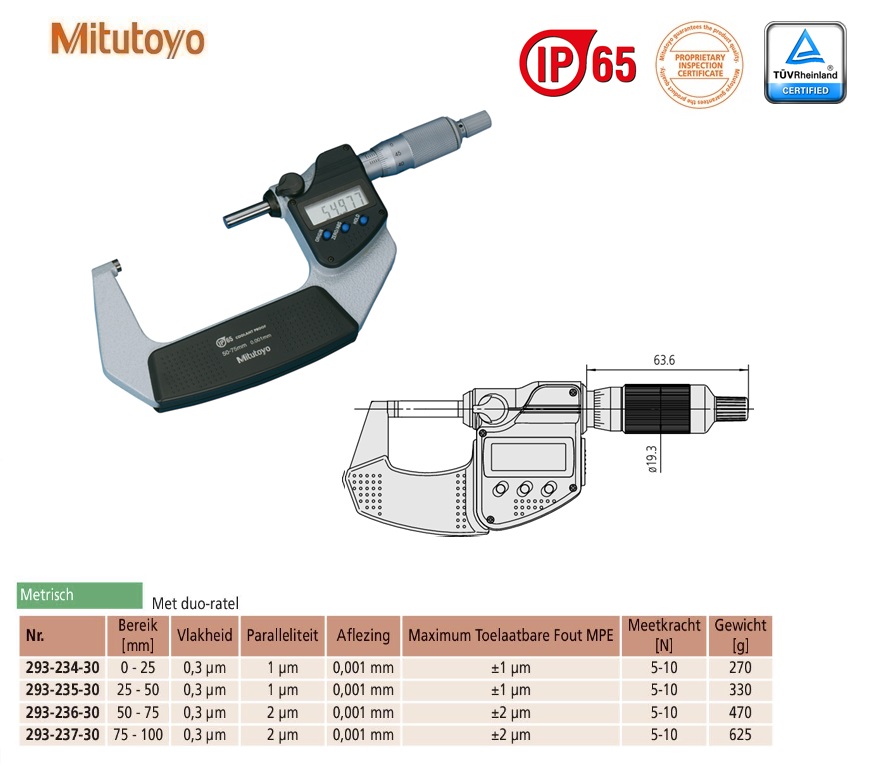 Mitutoyo Digimatic buitenschroefmaat IP65 met duo-ratel, output 50-75mm, aflezing 0,001mm, Metrisch