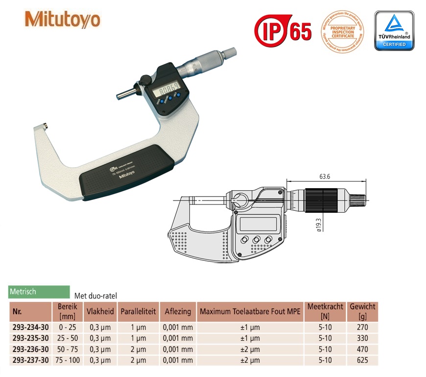 Mitutoyo Digimatic buitenschroefmaat IP65 met duo-ratel, output 75-100mm, aflezing 0,001mm, Metrisch