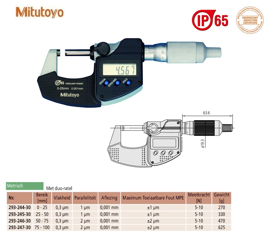 Mitutoyo Digimatic buitenschroefmaat IP65 met duo-ratel, 0-25mm, aflezing 0,001mm, Metrisch