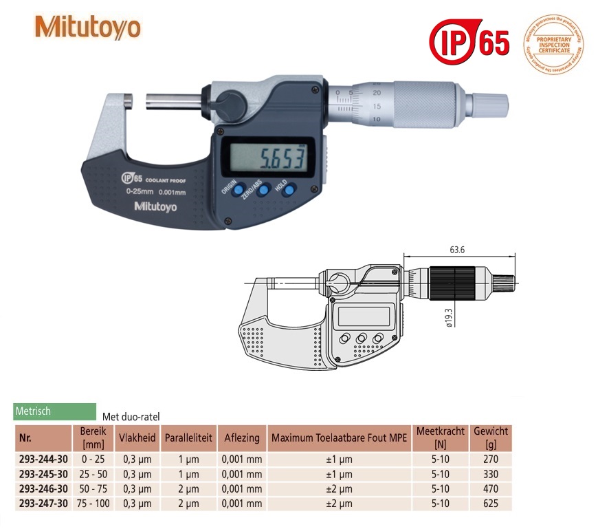 Mitutoyo Digimatic buitenschroefmaat IP65 met duo-ratel, 25-50mm, aflezing 0,001mm, Metrisch