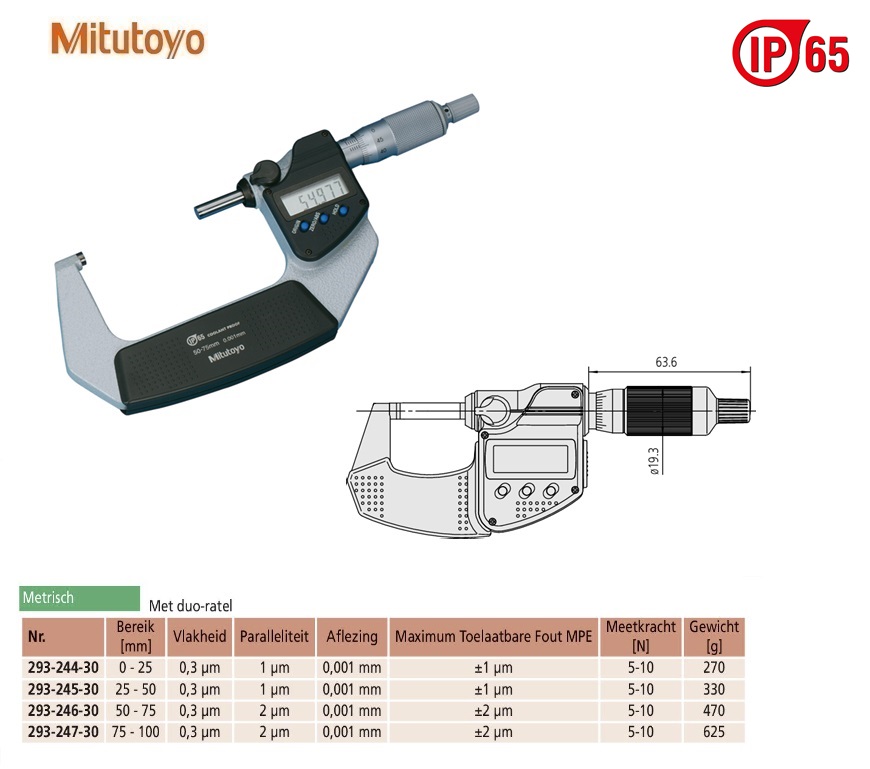 Mitutoyo Digimatic buitenschroefmaat IP65 met duo-ratel, 50-75mm, aflezing 0,001mm, Metrisch