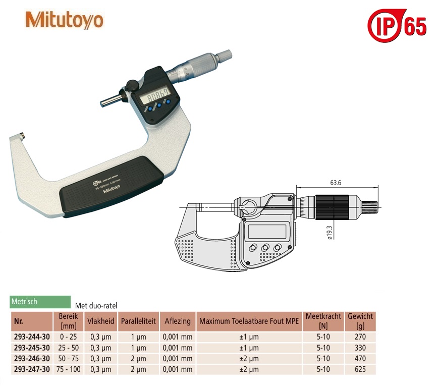 Mitutoyo Digimatic buitenschroefmaat IP65 met duo-ratel, 75-100mm, aflezing 0,001mm, Metrisch