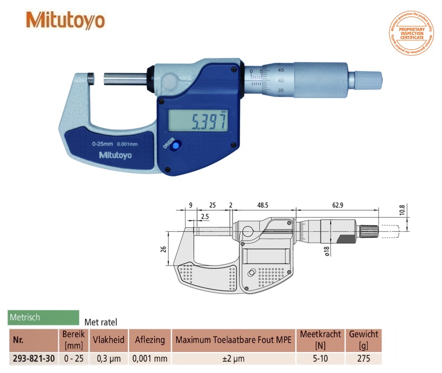 Mitutoyo Digimatic buitenschroefmaat 0-25mm, aflezing 0,001mm, Metrisch