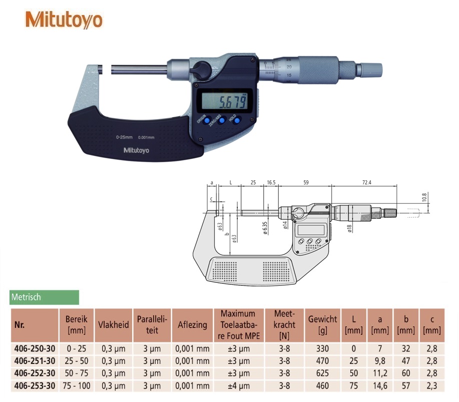 Mitutoyo Buitenschroefmaat met niet-roterende spindel 0-25mm, aflezing 0,001mm, Metrisch