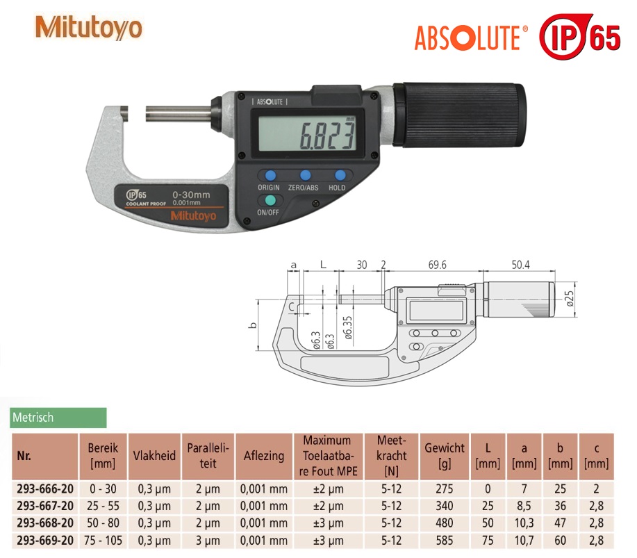 Mitutoyo Absolute Digimatic schroefmaat QuickMike 0-30mm, aflezing 0,001mm, Metrisch
