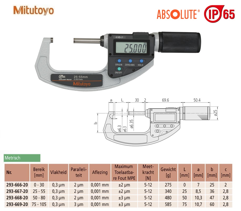 Mitutoyo Absolute Digimatic schroefmaat QuickMike 25-55mm, aflezing 0,001mm, Metrisch