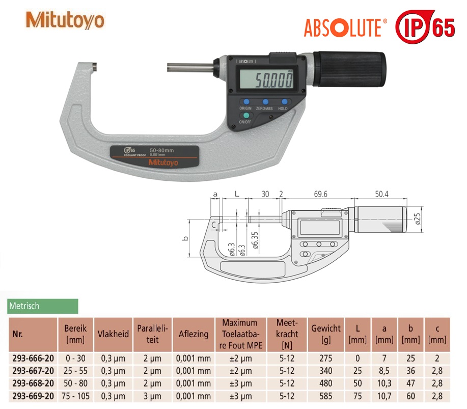 Mitutoyo Absolute Digimatic schroefmaat QuickMike 50-80mm, aflezing 0,001mm, Metrisch