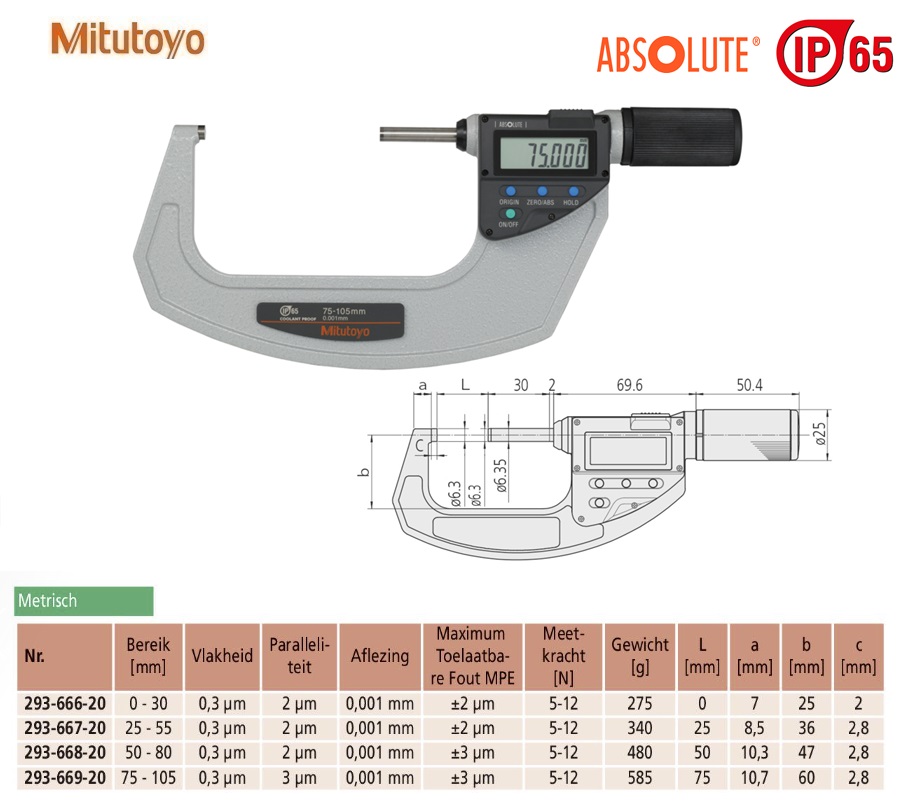 Mitutoyo Absolute Digimatic schroefmaat QuickMike 75-105mm, aflezing 0,001mm, Metrisch