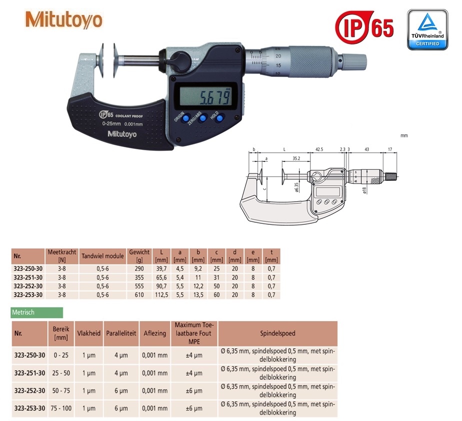 Mitutoyo Digimatic buitenschroefmaat met schotelbekken IP65 0-25mm, aflezing 0,001mm, Metrisch