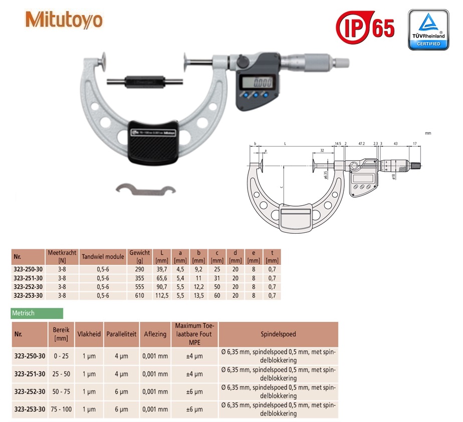 Mitutoyo Digimatic buitenschroefmaat met schotelbekken IP65 75-100mm, aflezing 0,001mm, Metrisch