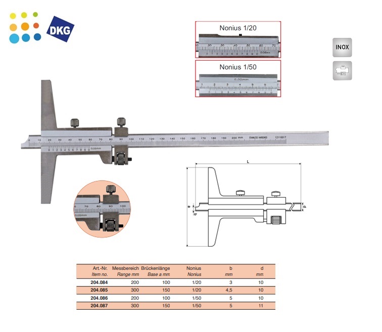 Diepteschuifmaat met haak 300x150x0,05mm DIN 862 | DKMTools - DKM Tools