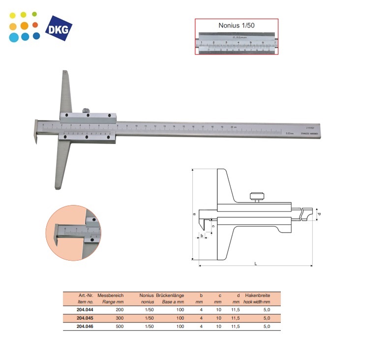 Diepteschuifmaat met haak 200x100x0,02mm