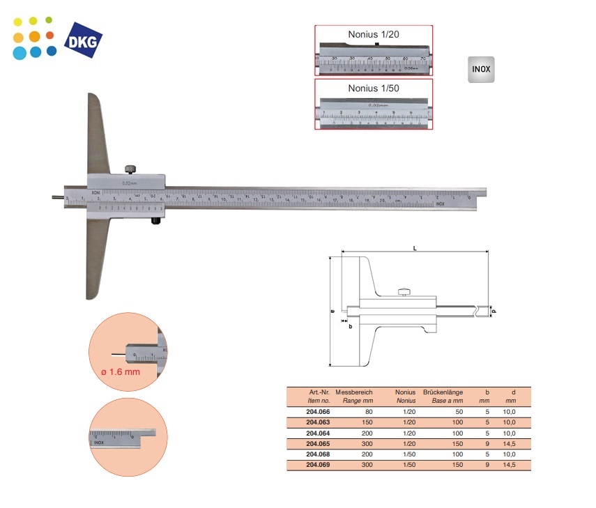 Diepteschuifmaat met ronde meetstift 80x50x0,05mm