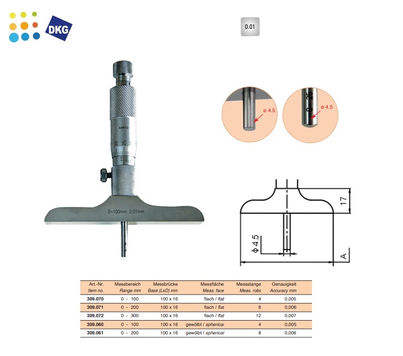 Diepte micrometer, Vlak, 0 - 100 mm