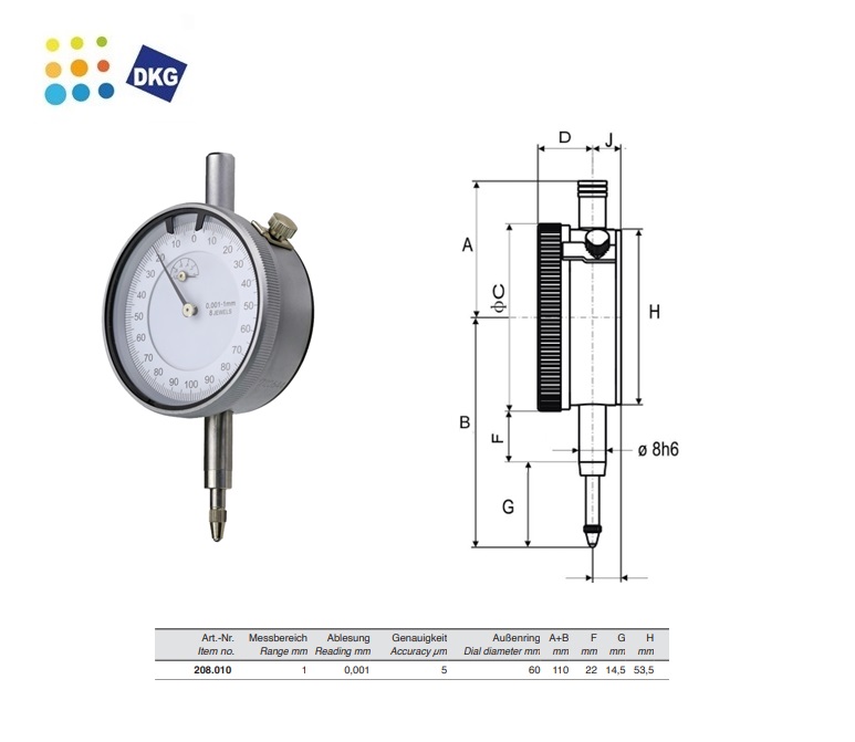 Meetklok, Ø 60 mm, 1mm x 0,001mm
