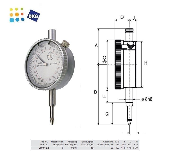 Meetklok, Ø 60 mm, 5mm x 0,001 mm