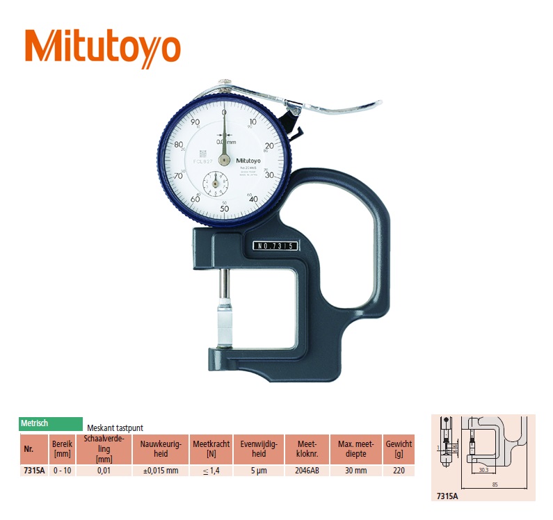 Meetklok diktemeter 0-10 mm x 30 mm