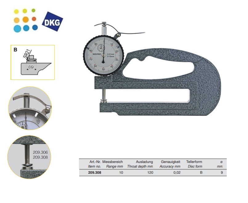 Dikte meter met meetklok 0-10 mm x 120 mm B