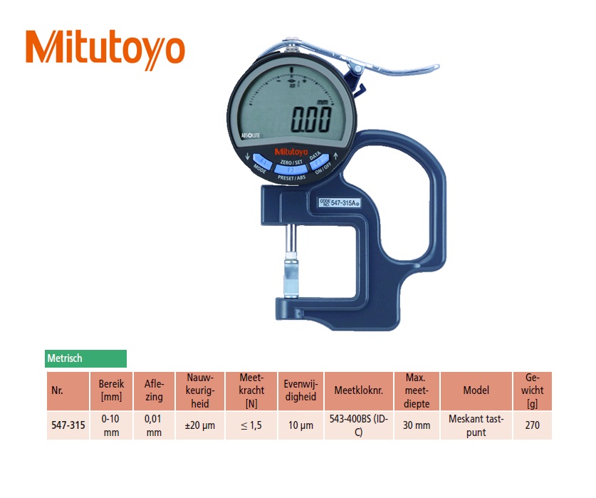 ABSOLUTE Digimatic diktemeter 0-10 mm x 30 mm