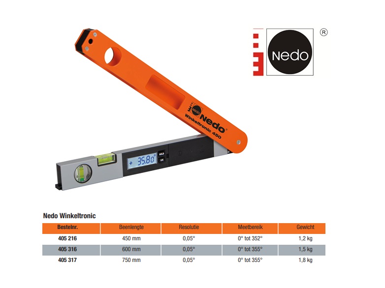 Nedo Winkeltronic 450 mm Digitale hoekwaterpas met hoes 
			Nedo 405216