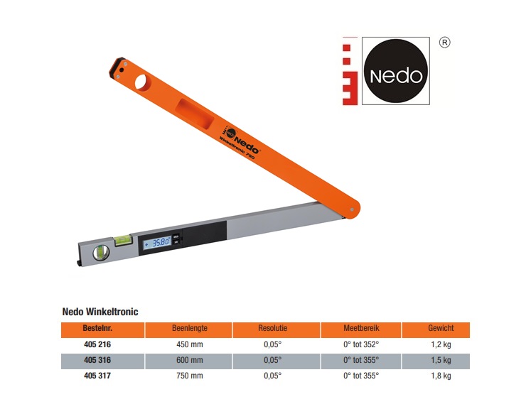 Nedo Winkeltronic 750 mm Digitale hoekwaterpas met hoes 
			Nedo 405317