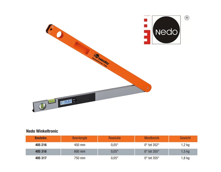 Nedo Winkeltronic 750 mm Digitale hoekwaterpas met hoes