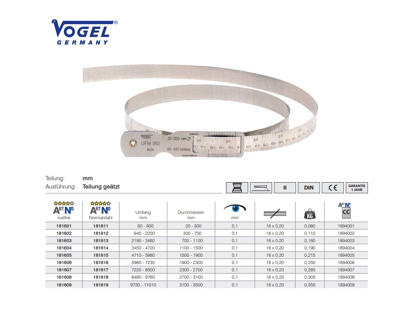 Circometer RVS, Ø20mm - 300mm, omtrek 60mm-950mm,DIN 2268