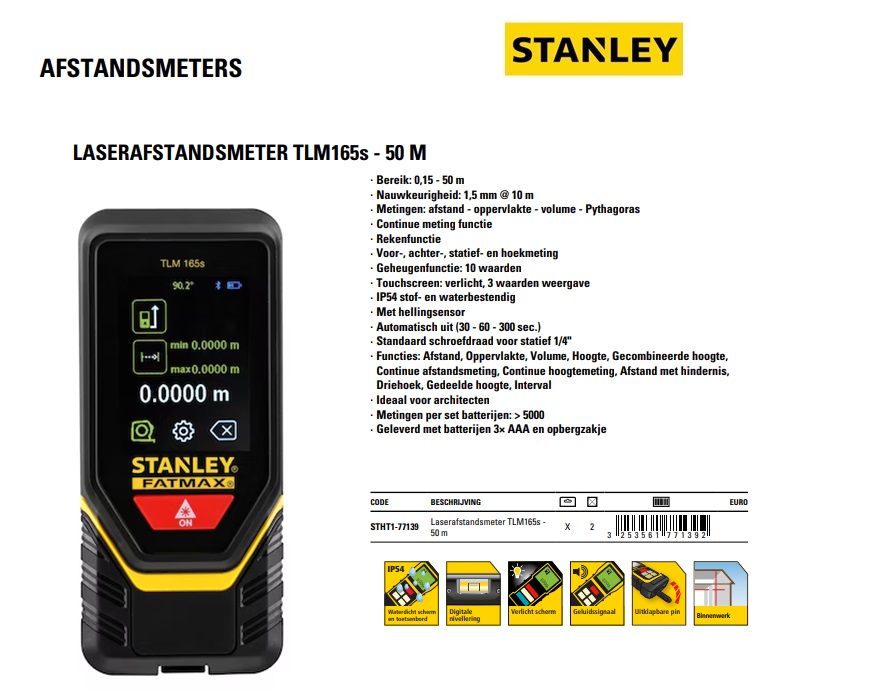 STANLEY Laserafstandsmeter TLM 165 - 50m