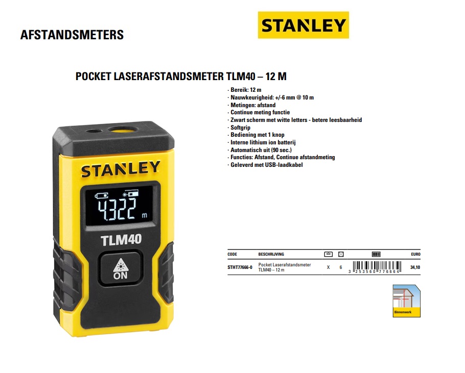 STANLEY Laserafstandsmeter Pocket TLM40-12m