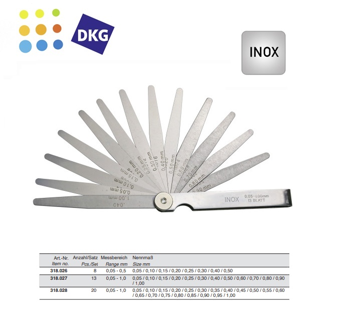 Precisie-voelermaat INOX 8 bladen 0,05 - 0,5mm