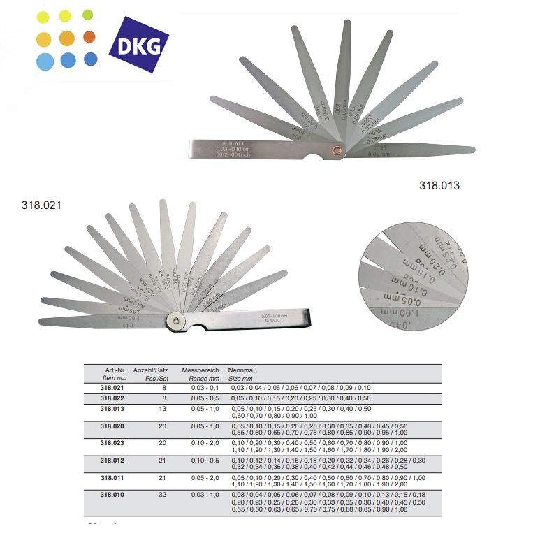 Voelermaat, 8-delig 0,03 - 0,1 mm, 100 mm lang