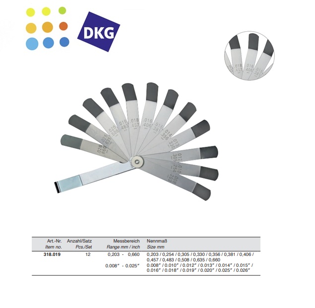 Voelermaat inch, 12-delig 0,203 - 0,660 mm/0.008-0.025