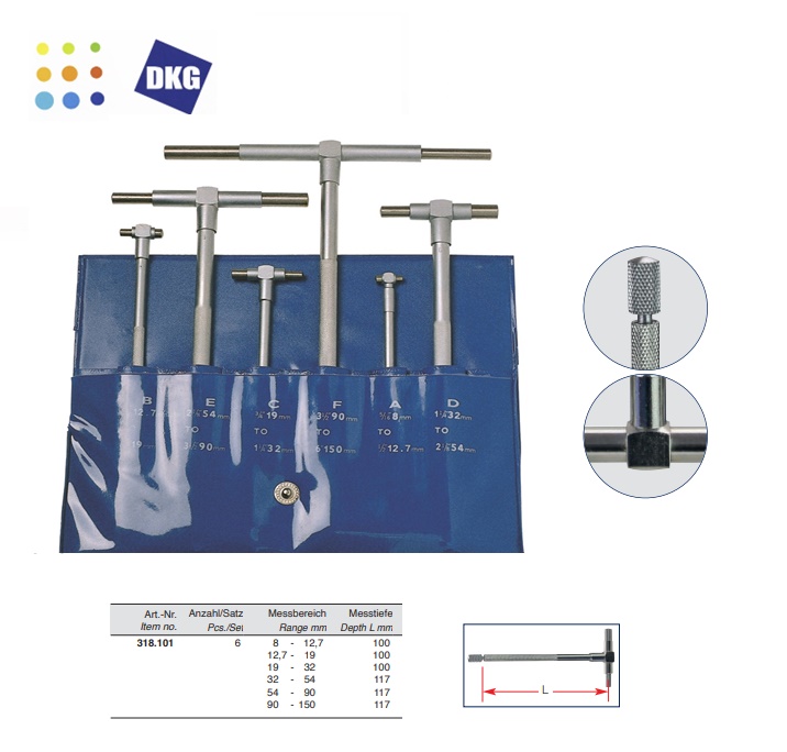 Telescopische kaliberset 8-150mm, 6 delig.