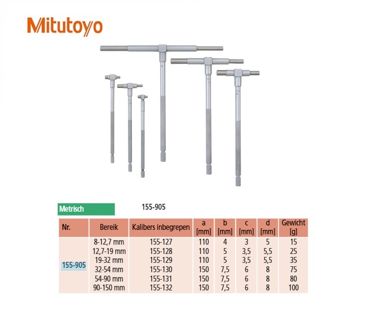 Telescopische kaliberset 8-150mm, 6 delig.