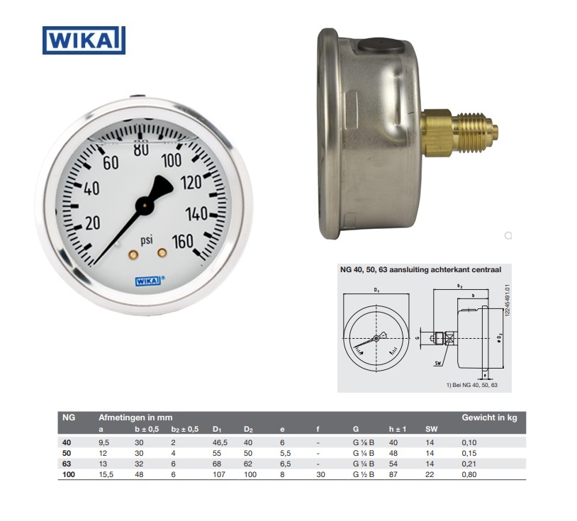 Buisveermanometer Ø 63 -1/+1.5 bar/psi achteraansluiting 1/4