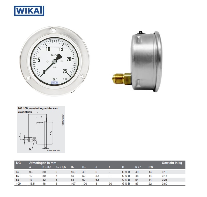 Buisveermanometer Ø63 voorflens -1/+1.5 bar/psi achteraansluiting 1/4